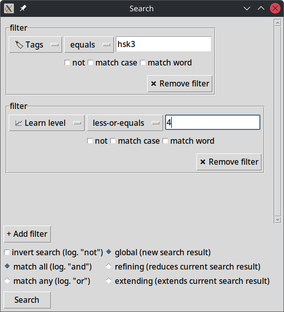 advanced search window of Xiaolong Dictionary