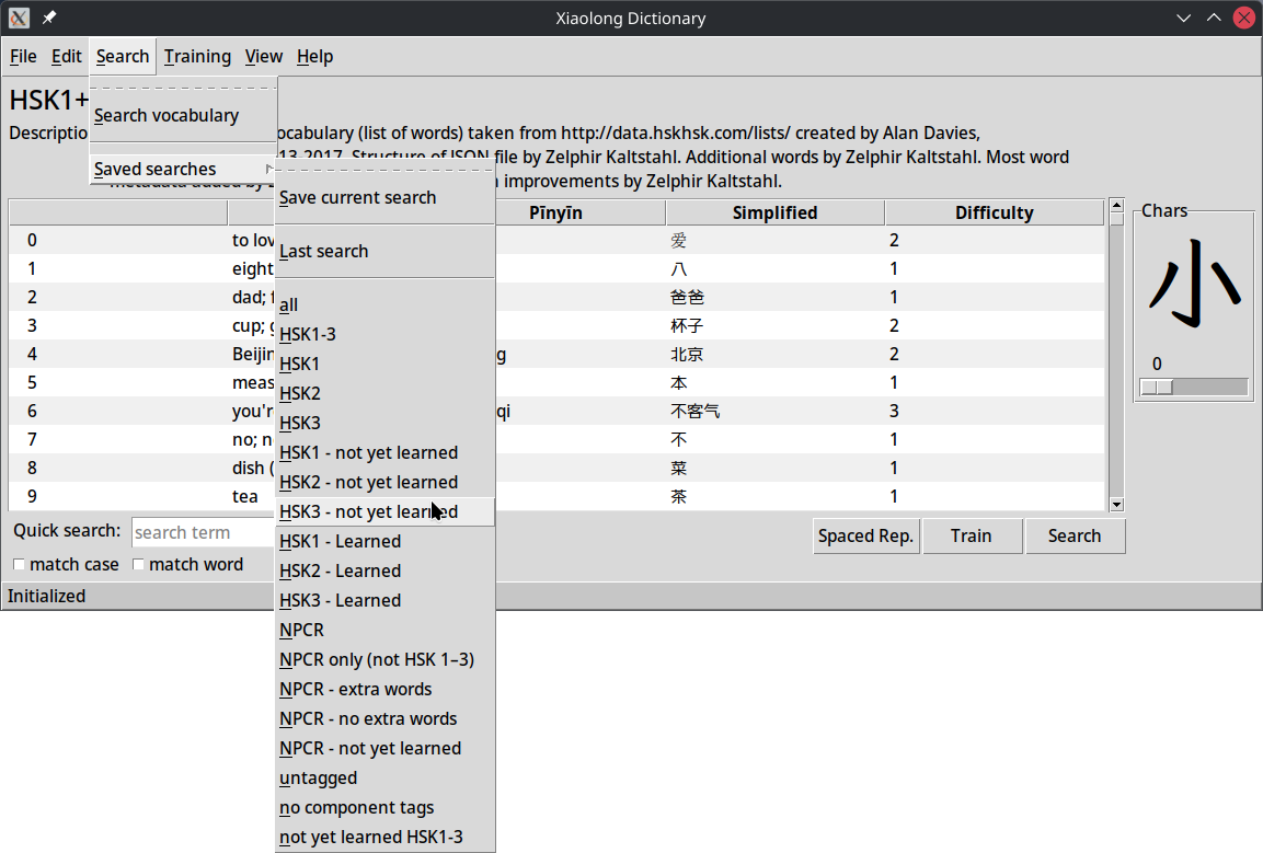 saved searches menu in Xiaolong Dictionary